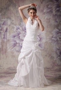 Beautiful Halter Court Train Taffeta Hand Made Flowers Wedding Dress