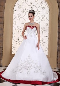 Embroidery In Satin Modest Chapel Train Wedding Dress