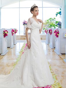 Best Selling V Neck Bridal Gowns With Short Sleeves
