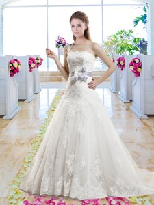 Popular One Shoulder Laced Bridal Gowns with Bowknot 