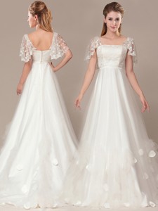 Beautiful Square Laced And Applique Wedding Dress With Brush Train