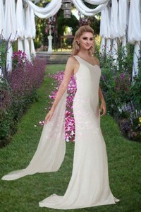 Column One Shoulder Beading Bridal Dress With Watteau Train