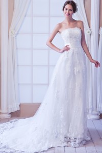 Perfect Column Strapless Court Train Lace Sashes Wedding Dress 