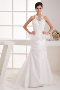 Ruched And Appliques Mermaid Bridal Dress With Special Cool Neckline