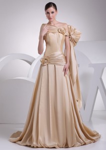 Champagne Asymmetrical Hand Made Flowers Bridal Gown With Ruching