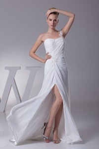 Ruched and Beaded One Shoulder Brush Train Bridal Gown with HIgh Slit 