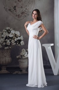 V-neck Buttrfly Sleeves Sash Sheath Floor-length Bridal Dress
