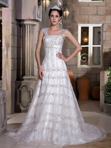 Fabulous Straps Court Train Taffeta And Lace Beading Wedding Dress