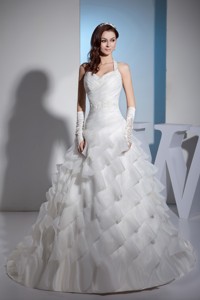 Beading And Lace Ruffled Layers Halter Court Train Wedding Dress