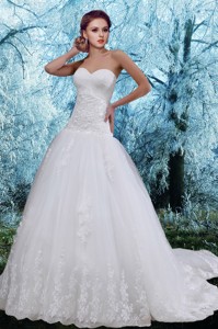 Romantic Sweetheart A Line Chapel Train Wedding Dress With Lace