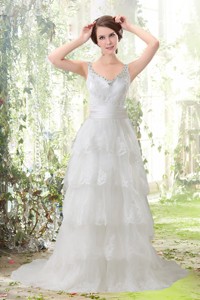 Lace Column Scoop Ruffled Layers Wedding Dress With Brush Train