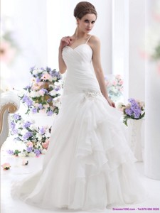 Ruched White Wedding Dress With Brush Train And Appliques