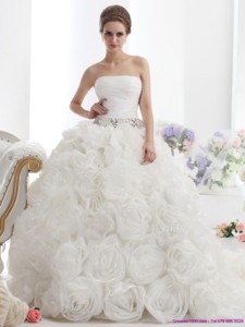 Popular White Strapless Wedding Dress With Rolling Flowers And Chapel Train