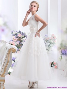 Cute Scoop Ankle-length Wedding Dress With Lace And Bowknot