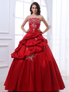 Wine Red Appliques And Pick-ups Quinceanera Dress With Floor-length Taffeta In