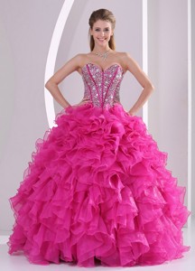 Pretty Hot Pink Ball Gown Sweetheart Beaded Decorate Quinceanera Gowns for 16 Birthday Party