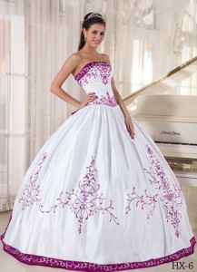 Strapless White and Fuchsia Floor-length Embroidery Quinceanera Dress