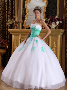 White and Green Ball Gown Sweetheart Floor-length Appliques Organza Quinceanera Dress
