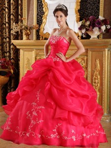 Coral Red Ball Gown Strapless Floor-length Embroidery Organza Quinceanera Dress