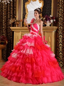 Red Ball Gown One Shoulder Floor-length Organza Ruffles and Beading Quinceanera Dress