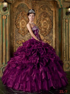 Eggplant Purple Ball Gown Strapless Floor-length Organza Ruffles Quinceanera Dress