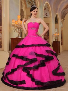 Hot Pink and Black Strapless Floor-length Organza Appliques Quinceanera Dress