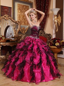 Black and Red Ball Gown Sweetheart Floor-length Organza Beading and Ruffles Quinceanera Dress