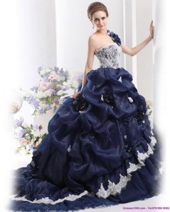 One Shoulder Ruffles Quinceanera Dress With Hand Made Flowers And Pick Ups