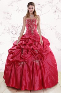 Puffy Strapless Red Quinceanera Dress With Appliques And Pick Ups