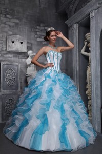 Sweet Ball Gown Sweetheart Floor-length Taffeta and Organza Appliques White And Blue Quinceanera Dre