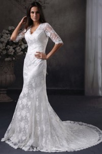 Column V-Neck Open Back Lace Wedding Dress with Court Train 