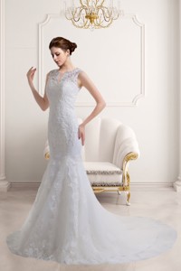 Elegant Mermaid V Neck Zipper Up Lace Wedding Dress with Court Train 