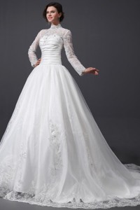 High Neck Organza Wedding Dress With Chapel Train With Appliques