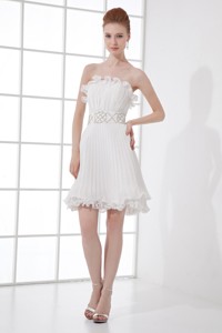 Elegant Column Strapless Mini-length Beading Pleats Wedding Dress