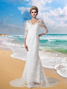 Mermaid V-neck Half Sleeves Wedding Dress with Brush Train 