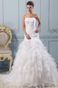 Strapless Pretty Wedding Gowns Ruffled Layered With Ruched Bodice In