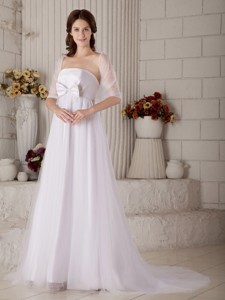Gorgeous Strapless Brush Train Tulle Bow Wedding Dress