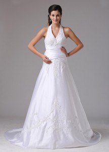 Hamden Connecticut Custom Made Halter Wedding Dress With Embroidery And Ruch In