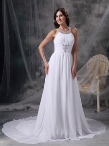 White Empire Scoop Court Train Chiffon Beading and Ruch Wedding Dress 