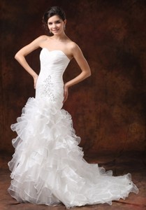Mermaid Ruched Bodice And Ruffled Layers Modest Wedding Dress With Beading