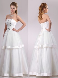 Beautiful Strapless A Line Beaded Long Wedding Dress in Tulle 