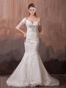 Unique V Neck Half Sleeves Mermaid Wedding Dress With Beading And Lace