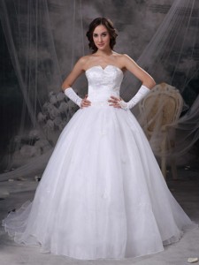 White Strapless Brush Train Satin And Organza Embriodery Wedding Dress