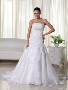 Lovely Mermaid Strapless Court Train Satin and Organza Lace Wedding Dress 