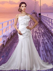 Cheap One Shoulder Lace Up Wedding Dress with Chapel Train 