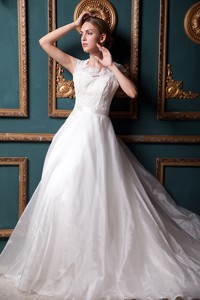 Formal Square Chapel Train Organza Lace Wedding Dress