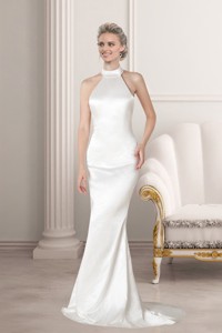Perfect Column Halter Ivory Wedding Dress with Brush Train 