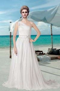 Fashionable One Shoulder Court Train Wedding Dress With Beading