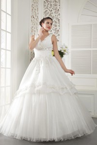 Ivory V-neck Floor-length Organza Beading And Ruch Wedding Dress