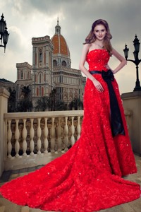 Red Strapless Cathedral Train Special Fabric Beading And Sash Wedding Dress